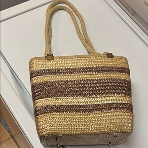 Woven Straw Tote Bag in Natural & Brown - Vintage Made In ITALY